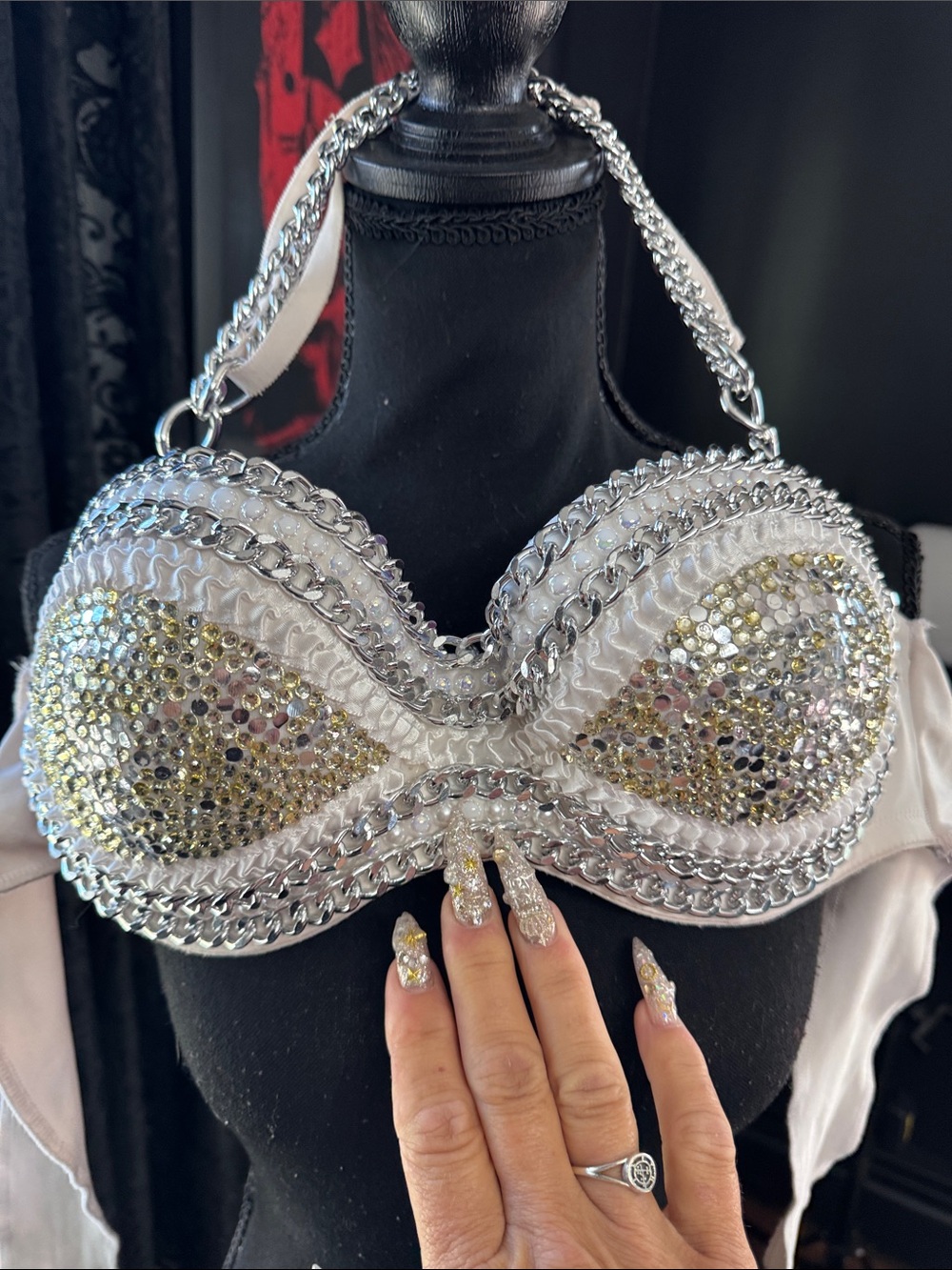 Embellished White Satin Bandeau Bra with Sequin Cups